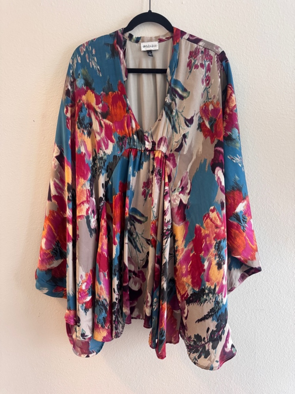 Maisie Teal Floral V-Neck Tunic Mini Dress, Size Medium